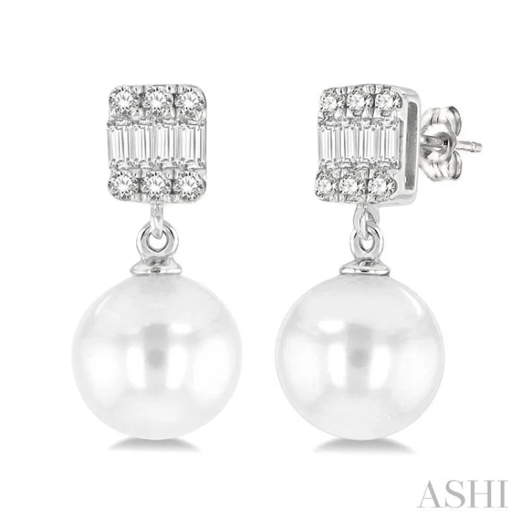 1/10 ctw 6x6MM Pearl, Baguette and Round Cut Diamond Earring in 14K White Gold