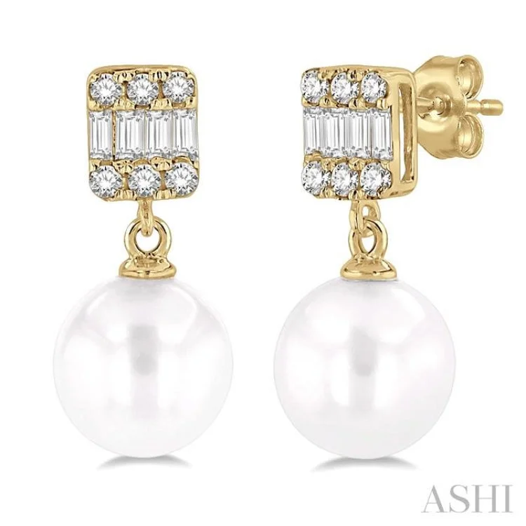 6MM Cultured Pearls and 1/10 ctw Baguette and Single Cut Diamond Earring in 10K Yellow Gold