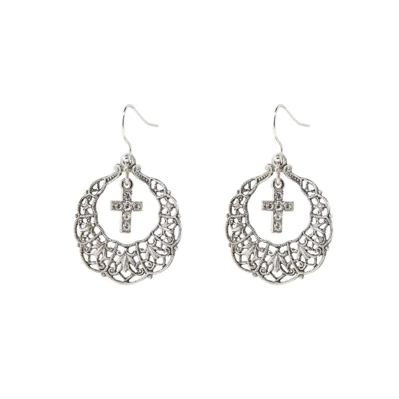 Symbols Of Faith Hoop Crystal Cross Drop Earrings