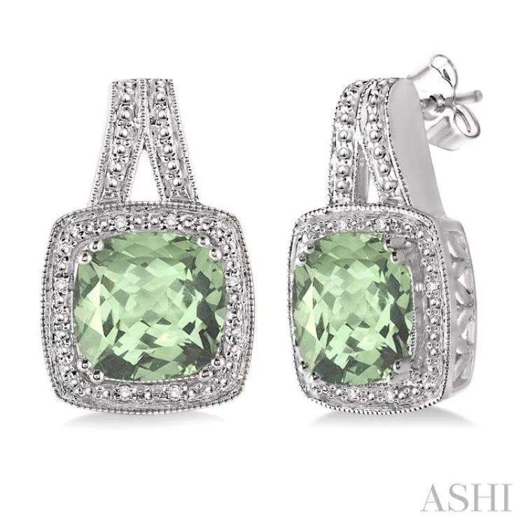 8x8  MM Cushion Shape Green Amethyst and 1/20 ctw Single Cut Diamond Earrings in Sterling Silver