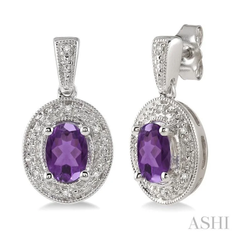 7x5 MM Oval Cut Amethyst and 1/20 Ctw Single Cut Diamond Earrings in Sterling Silver