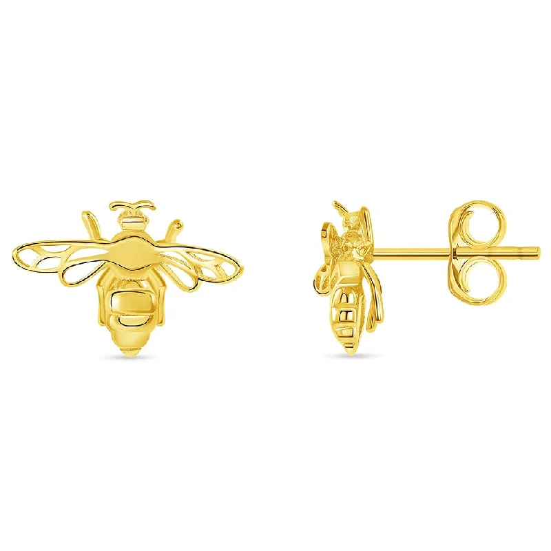 Solid 14k Yellow Gold 3D Bumblebee Bee Stud Earrings with Friction Push Back