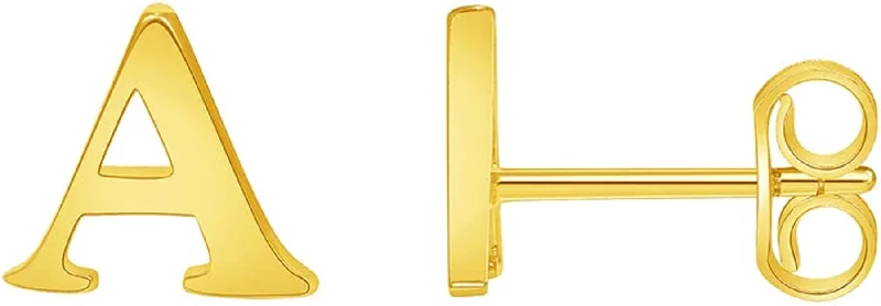 Solid 14k Yellow Gold Mini Uppercase Initial Block Letter Stud Earrings with Push-Back - A to Z