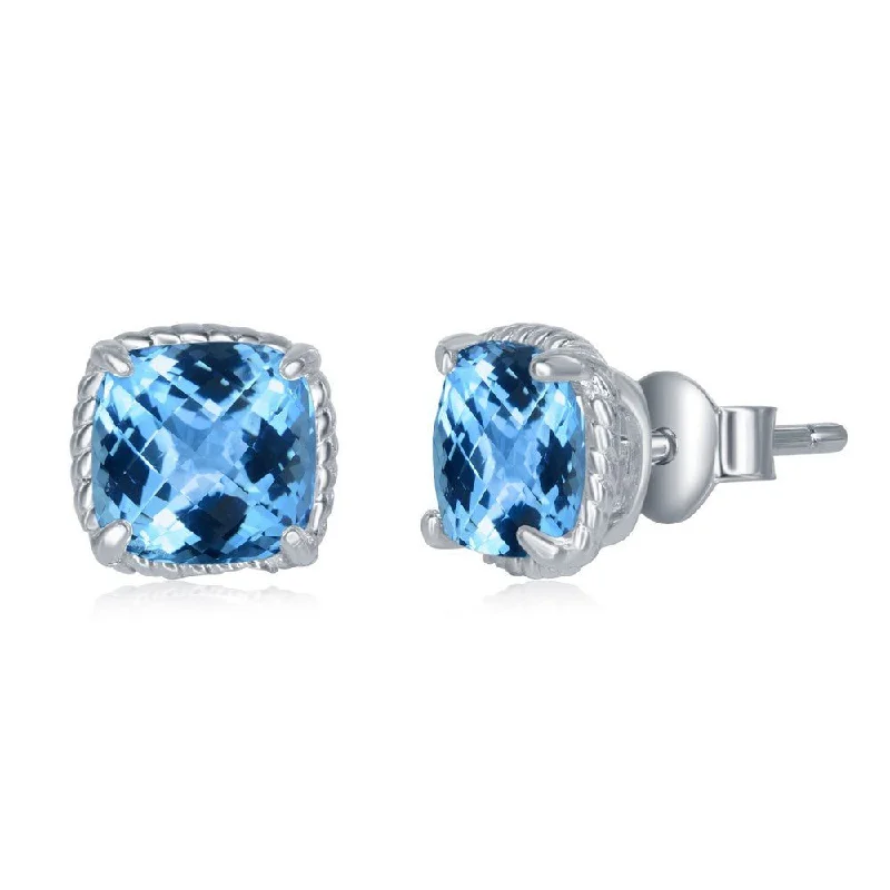 SS 6mm Blue Topaz Cushion Cut Stud Earrings