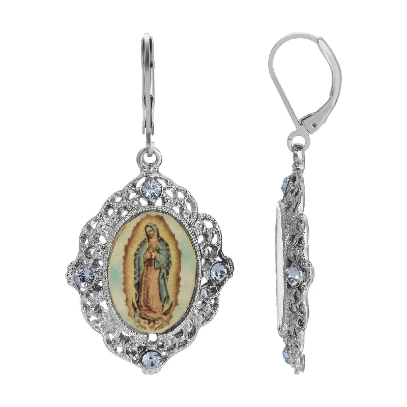 Symbols Of Faith Light Sapphire Blue Crystal Our Lady Of Guadalupe Drop Earrings