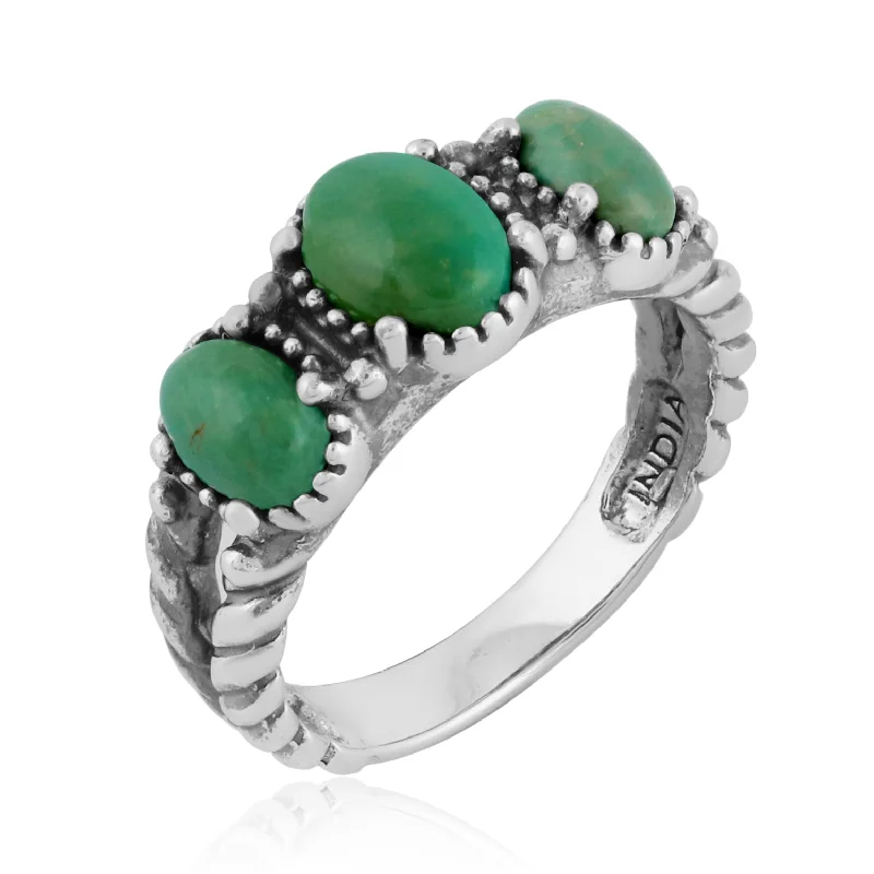 Sterling Silver Green Turquoise Gemstone 3-Stone Design Ring, Sizes 5 to 10