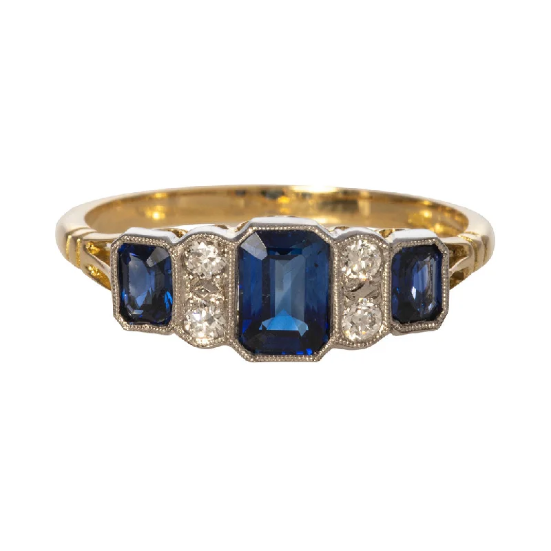 Art Deco Style Three-Stone Sapphire & Diamond Ring