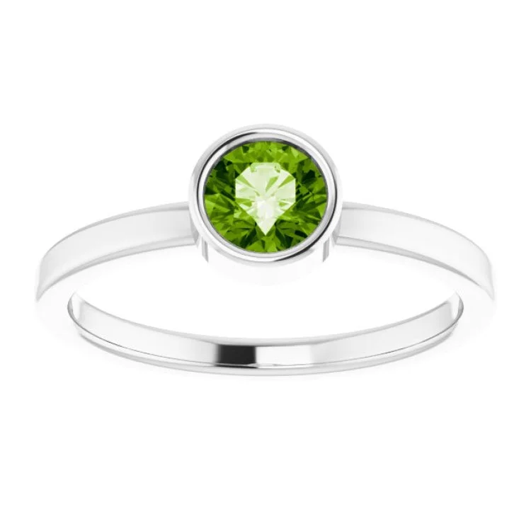 14K White 5 mm Natural Peridot Ring