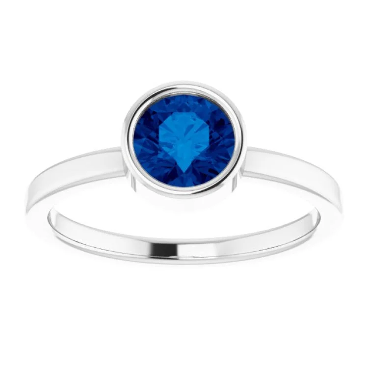 Rhodium-Plated Sterling Silver 6 mm Imitation Blue Sapphire Ring