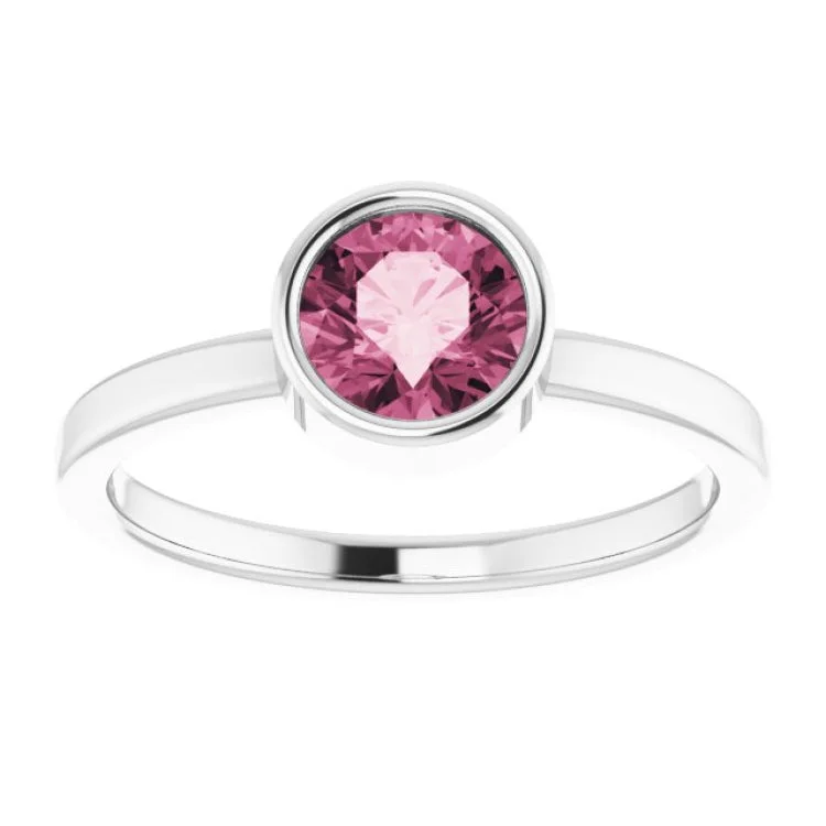 Rhodium-Plated Sterling Silver 6 mm Imitation Pink Tourmaline Ring