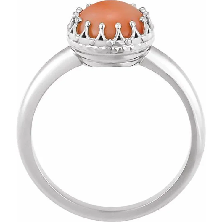 14K White 6 mm Natural Pink Coral Crown Cabochon Ring