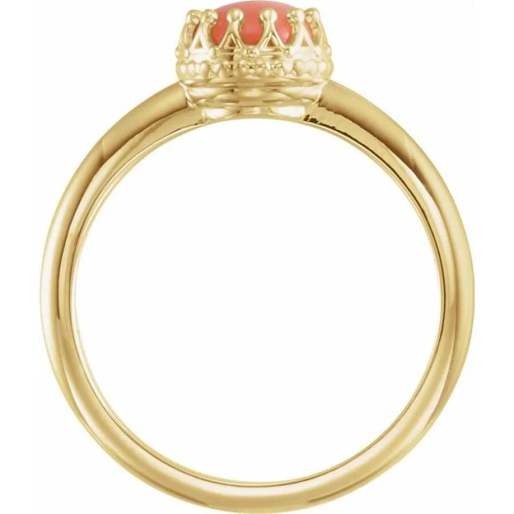 14K Yellow 6 mm Natural Pink Coral Crown Cabochon Ring