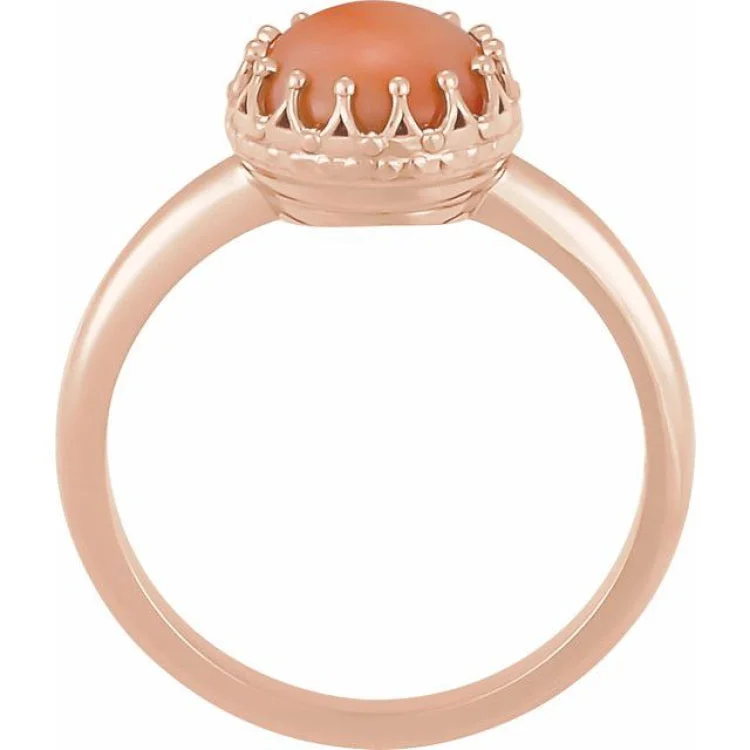 14K Rose 6 mm Natural Pink Coral Crown Cabochon Ring