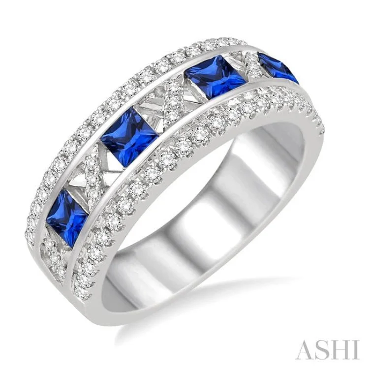 3x3 MM Princess Cut Sapphire and 3/8 Ctw Round Cut Diamond Ring in 14K White Gold