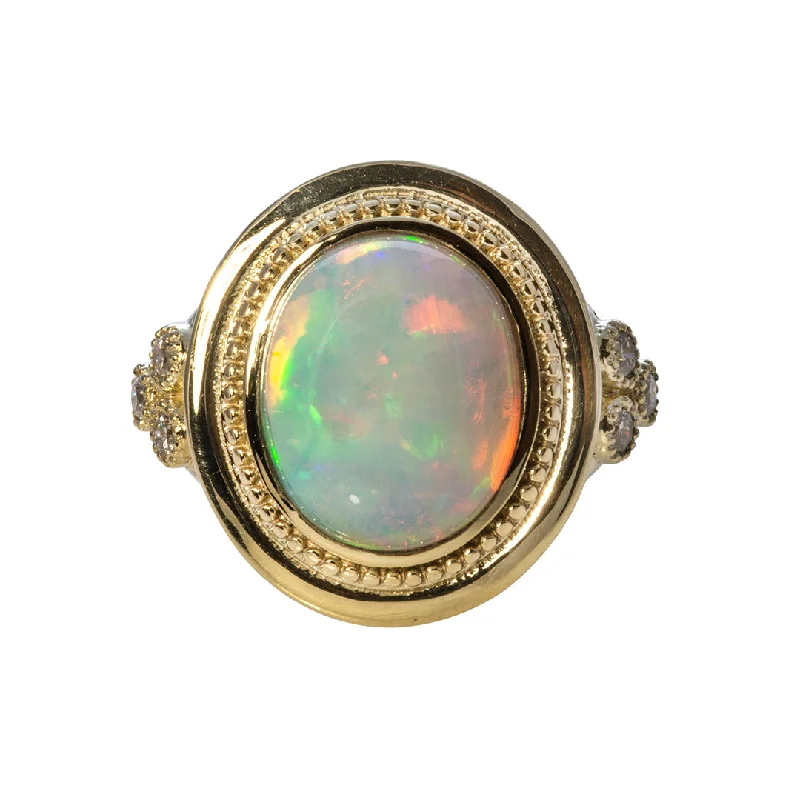 Oval Cabochon Opal & Diamond Trio 14K Yellow Gold Ring