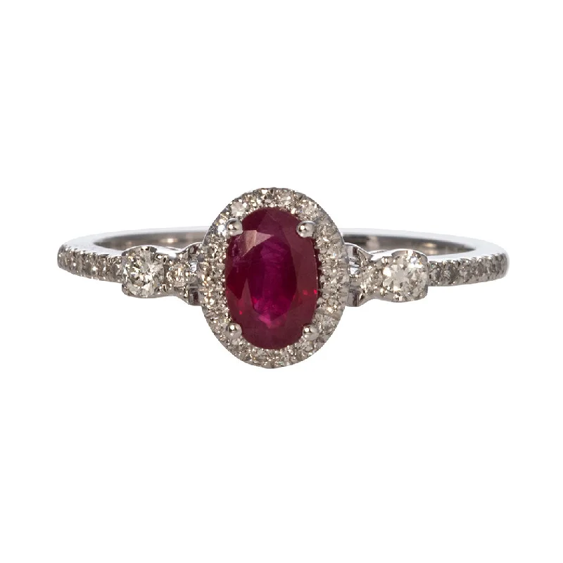 Oval Ruby & Diamond Halo 14K White Gold Ring