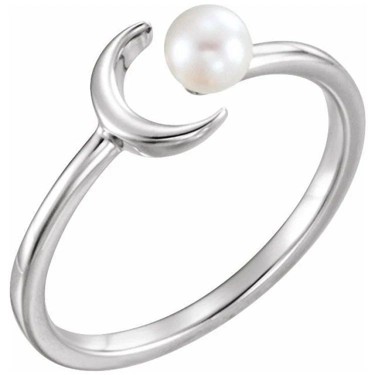 Platinum Cultured White Freshwater Pearl Crescent Moon Ring