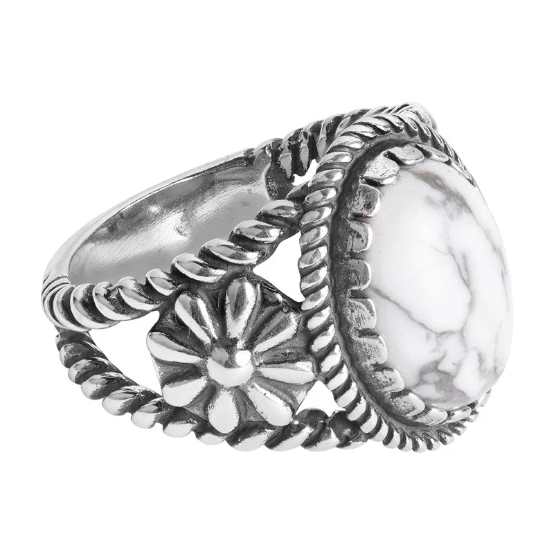 Sterling Silver Women's Ring Oval-shaped White Howlite Gemstone Concha Flower Sizes 5 to 10