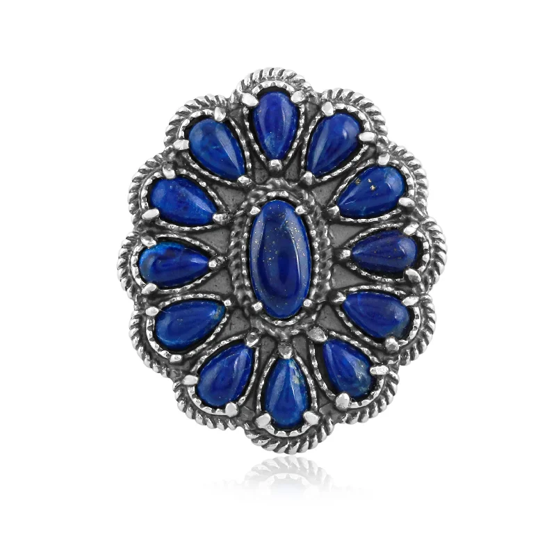 Sterling Silver Lapis Flower Cluster Rope Ring, Sizes 5 to 10