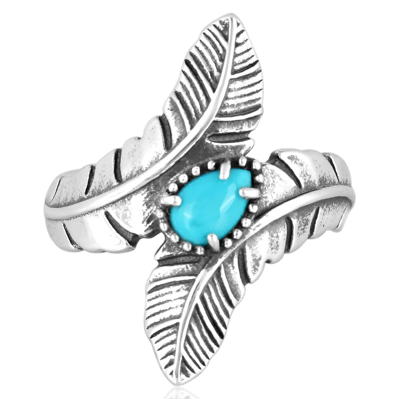 Sterling Silver Blue Turquoise Double Feather Ring, Size 5