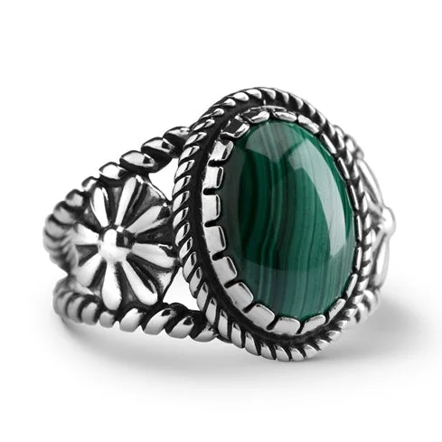 Sterling Silver Women's Ring Green Malachite Gemstone Concha Flower Sizes 5 to 10