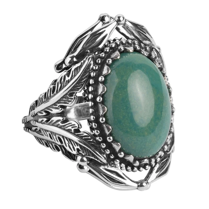 Sterling Silver Green Turquoise Leaf Design Ring, Sizes 5 to 10