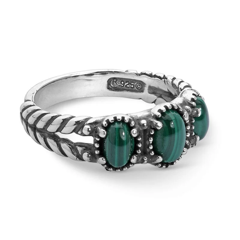 Sterling Silver Green Malachite Gemstone 3-Stone Ring, Sizes 5 to 10