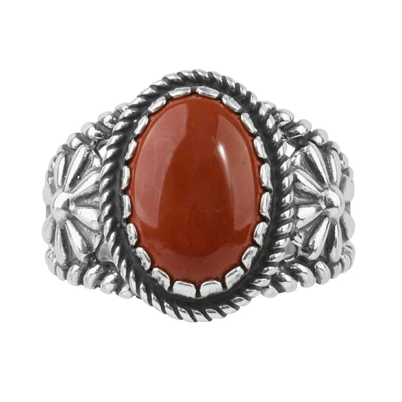 Sterling Silver Red Jasper Concha Flower Ring, Sizes 5 to 10