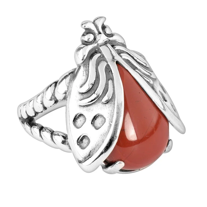 Sterling Silver Red Jasper Gemstone Ladybug Ring Size 5 to 10