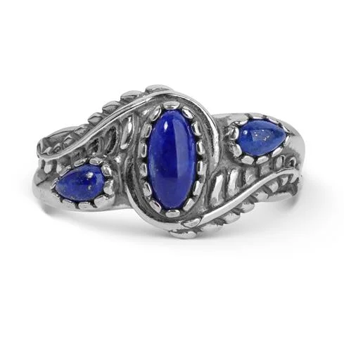 Sterling Silver Blue Lapis Gemstone 3-Stone Leaf Design Ring Size 5 to 10