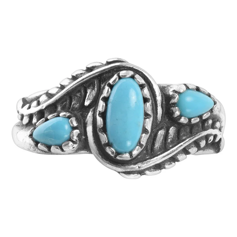 Sterling Silver Sleeping Beauty Turquoise Leaf Rosette Design 3-Stone Ring, Sizes 5 to 10