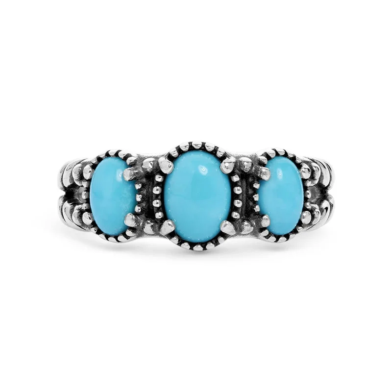 Sterling Silver Sleeping Beauty Turquoise 3-Stone Rope Ring, Sizes 5 to 10