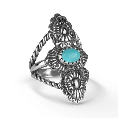 Sterling Silver Sleeping Beauty Turquoise Concha Rope Ring, Sizes 5 to 10