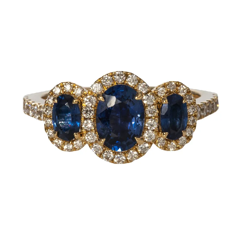 Three-Stone Oval Sapphire & Diamond Halo 14K Yellow Gold Ring