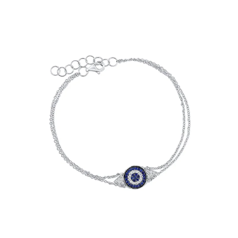 18K White Gold Diamond Blue Sapphire Double Chain Evil Eye Bracelet