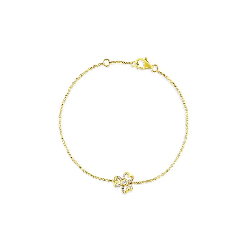 18k Yellow Gold Diamond Three Leaf Flower Chain Bracelet