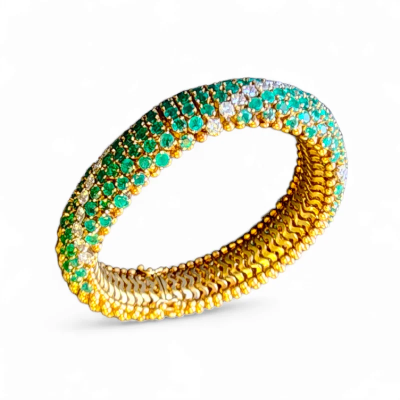 1960s 18KT Yellow Gold Emerald & Diamond Cous-Cous Bracelet