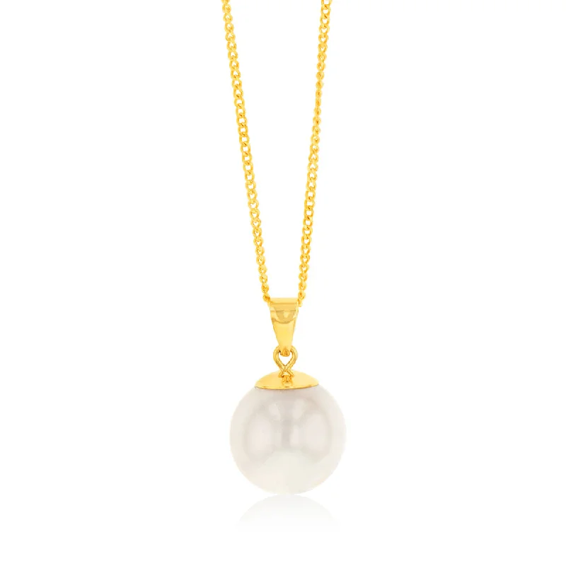 9ct Yellow 11-12mm White South Sea Pearl Pendant on 45cm Chain