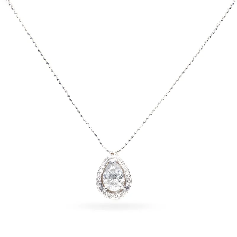 Custom-Made Pear Shaped Diamond Halo Pendant in 14k White Gold