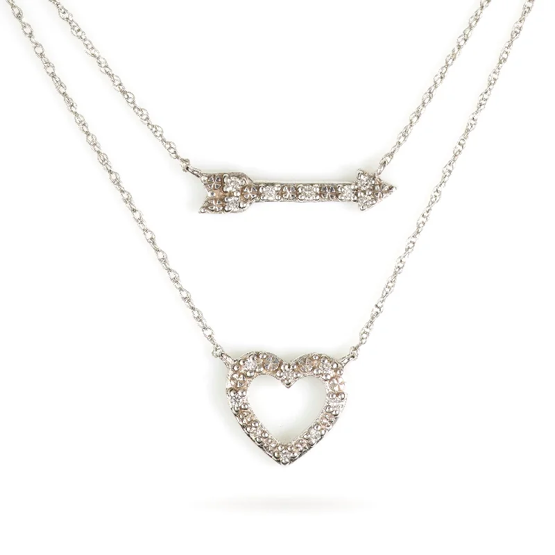 Custom-Made Diamond Heart and Arrow Layer Necklace in 10k White Gold