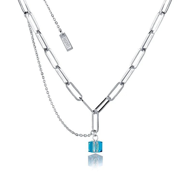 Disney Stainless Steel 14ct White Gold Plated Tesseract Blue Pendant On 45cm Chain