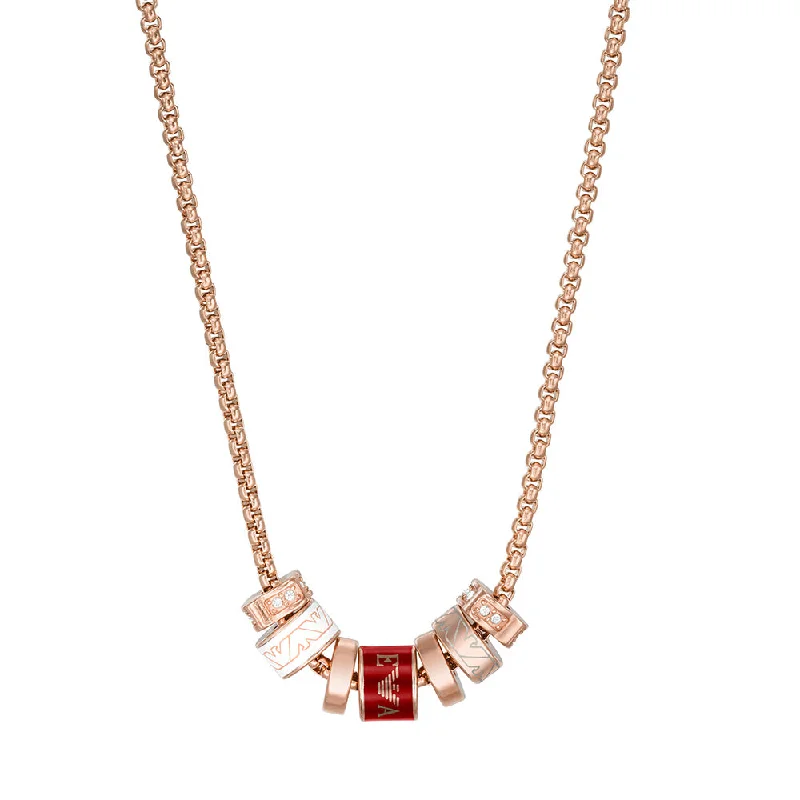 Emporio Armani Rose Gold Plated Stainless Steel Red Lacquer Components Pendant With Chain