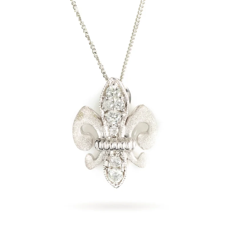 Fleur De Lis Diamond Pendant Necklace in 14k White Gold