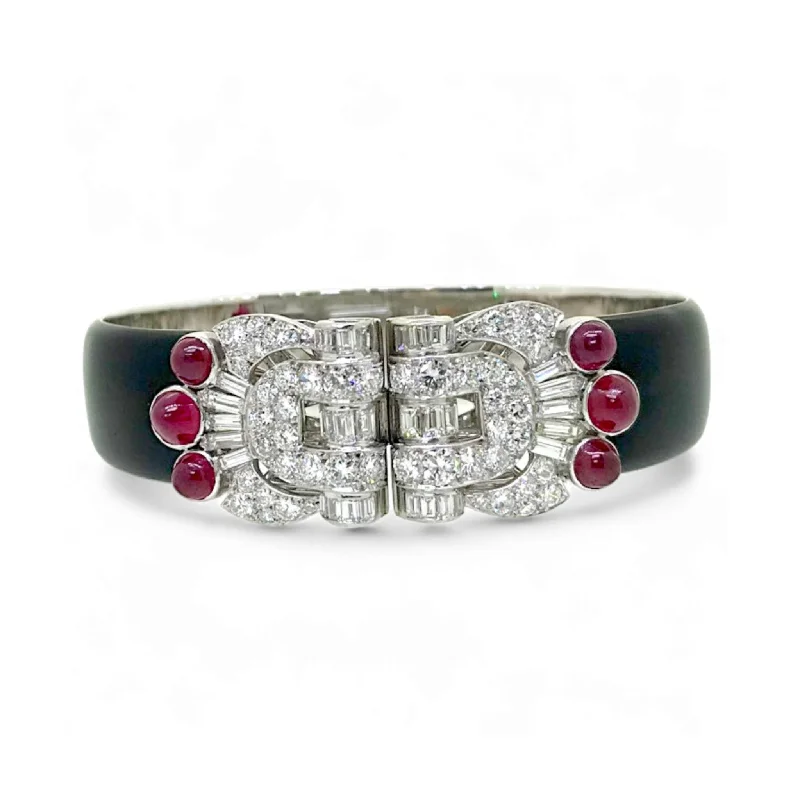 French Art Deco Platinum, 18KT Yellow Gold & 14KT White Gold Diamond & Ruby Double Clips Bracelet