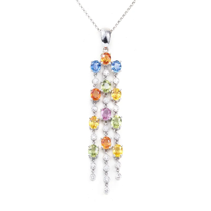 Multi-Color Sapphire & Diamond Pendant Necklace in 14k White Gold