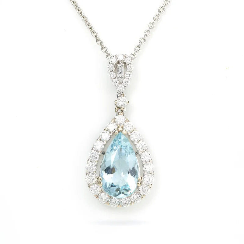 Custom-Made Pear Shape Aquamarine Pendant with Diamonds in 14k White Gold