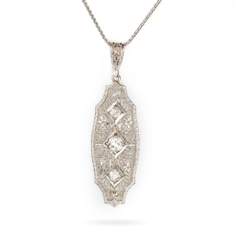 Vintage Diamond Necklace with Filigree Detail in 14k White Gold