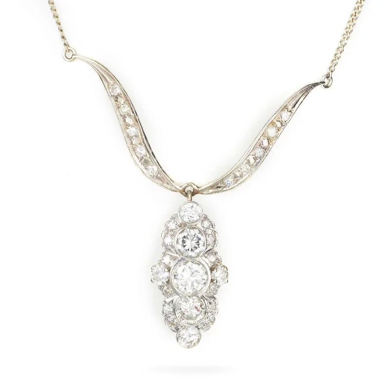 Elegant Vintage Old European Cut Diamond Necklace in 14k White Gold