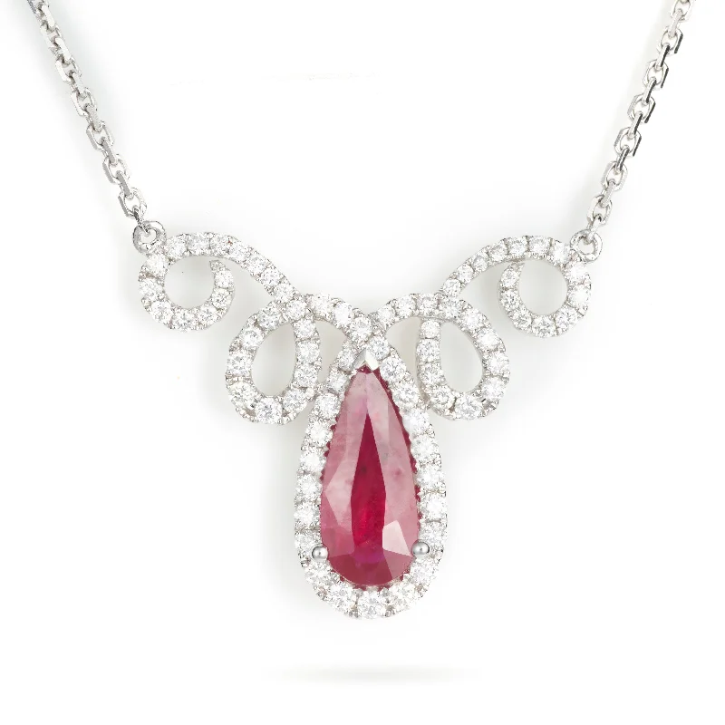 Pear Ruby Necklace with Diamond Detail in 18k White Gold