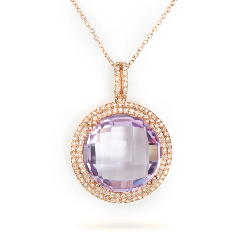 Custom-Made Amethyst Pendant with Diamond Halos in 14k Rose Gold